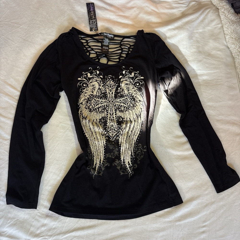 Elegant Black Long Sleeve Top with Wing and Cross Design
